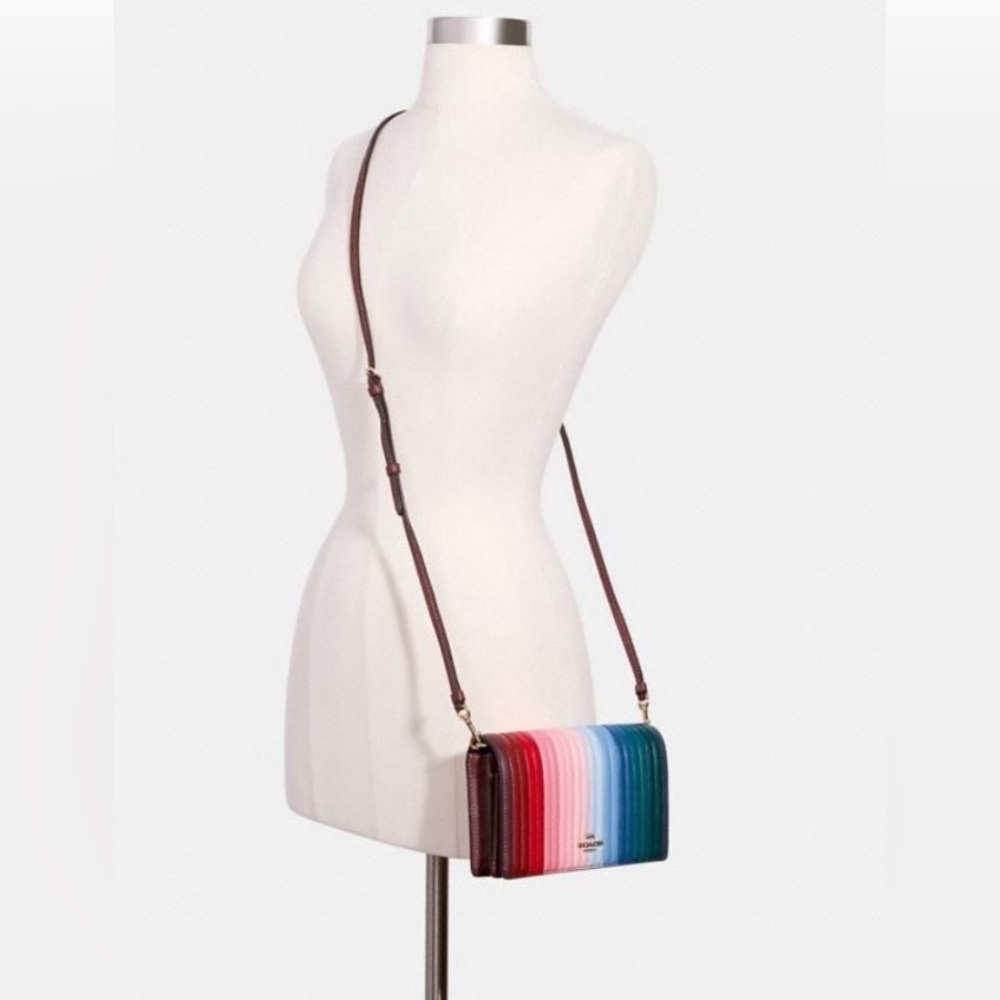 COACH Anna Foldover Crossbody Clutch With Rainbow Linear Quilting